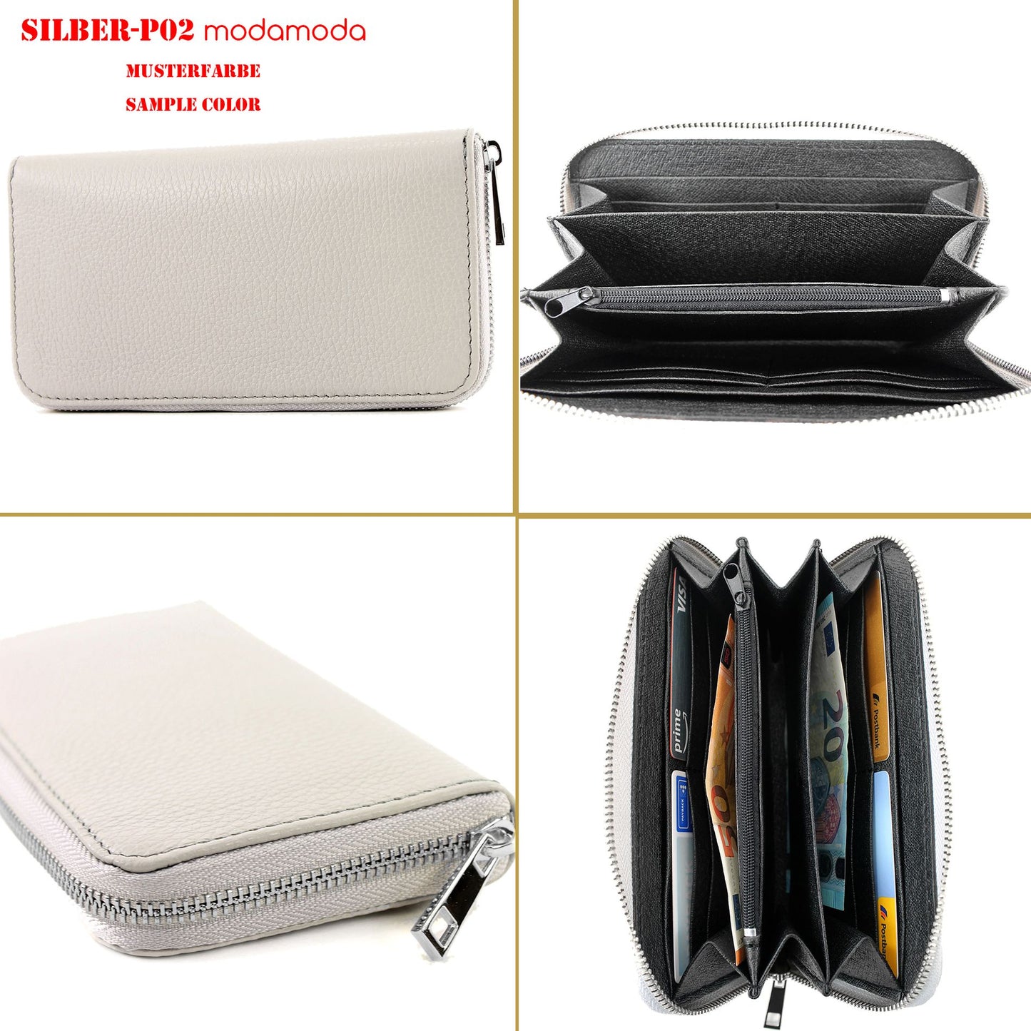 modamoda de SILBER-P02 Damen Leder Geldbörse Portemonnaie lang Handmade in Italy