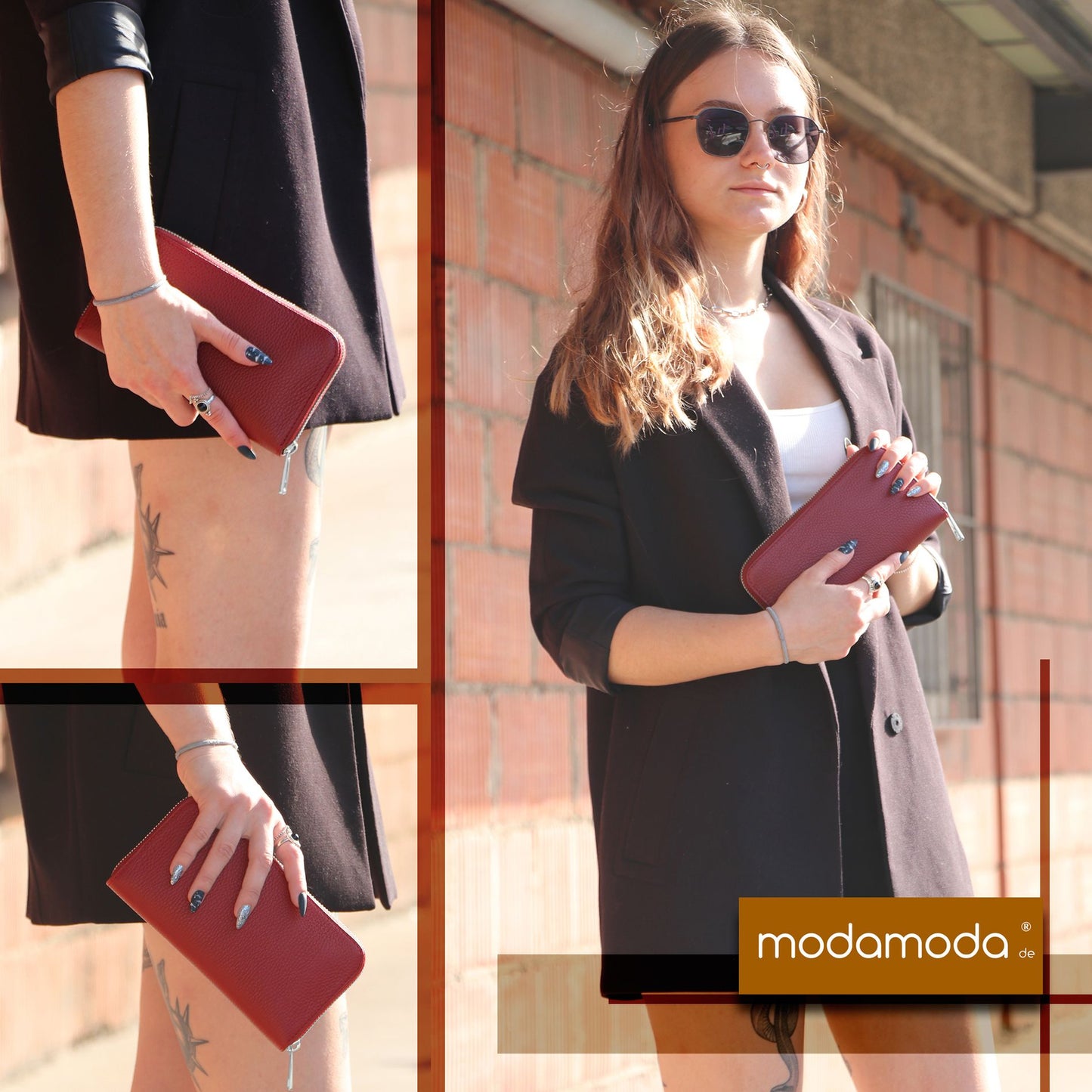 modamoda de SILBER-P02 Damen Leder Geldbörse Portemonnaie lang Handmade in Italy