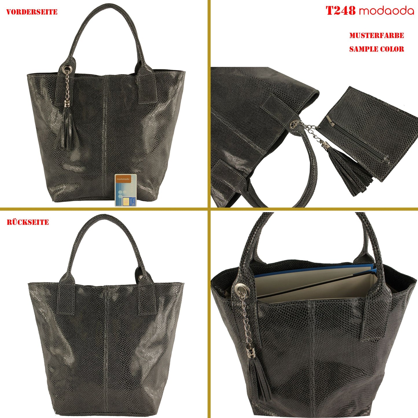 modamoda de - T248 - Ital. Shopper Large mit Innentasche aus Leder