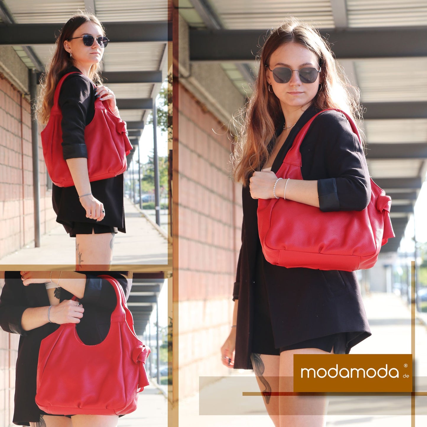 modamoda de - IT28 - ital Damen Schultertasche aus Leder