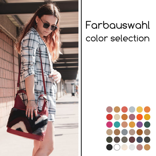 modamoda de T133 Damen Leder Schultertasche Henkeltasche aus Leder mit Kunstfell handmade in Italy