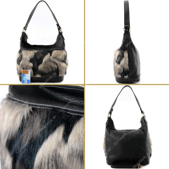 modamoda de T133 Damen Leder Schultertasche Henkeltasche aus Leder mit Kunstfell handmade in Italy