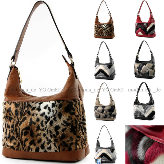 modamoda de T133 Damen Leder Schultertasche Henkeltasche aus Leder mit Kunstfell handmade in Italy