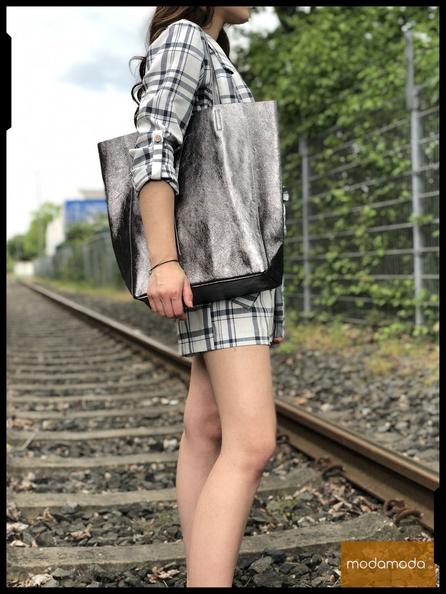 modamoda de T163 Damen Leder Shopper Schultertasche Large mit Innentasche handmade in Italy