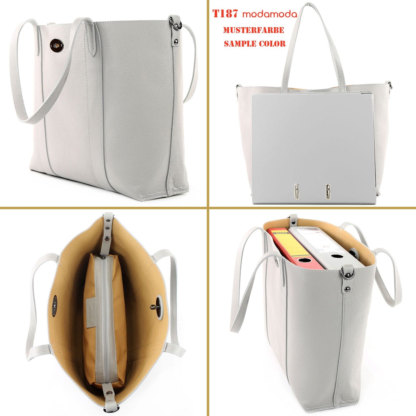 modamoda de - T187 - ital. Shopper DIN A4 Leder Damentasche mit Innentasche