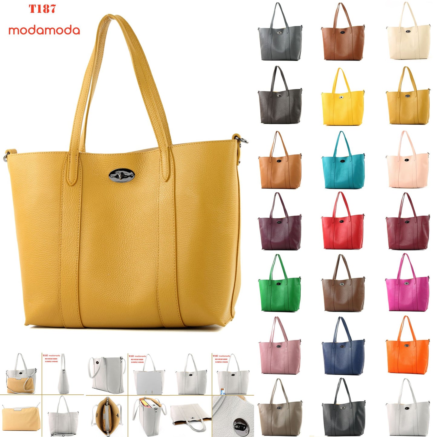 modamoda de - T187 - ital. Shopper DIN A4 Leder Damentasche mit Innentasche