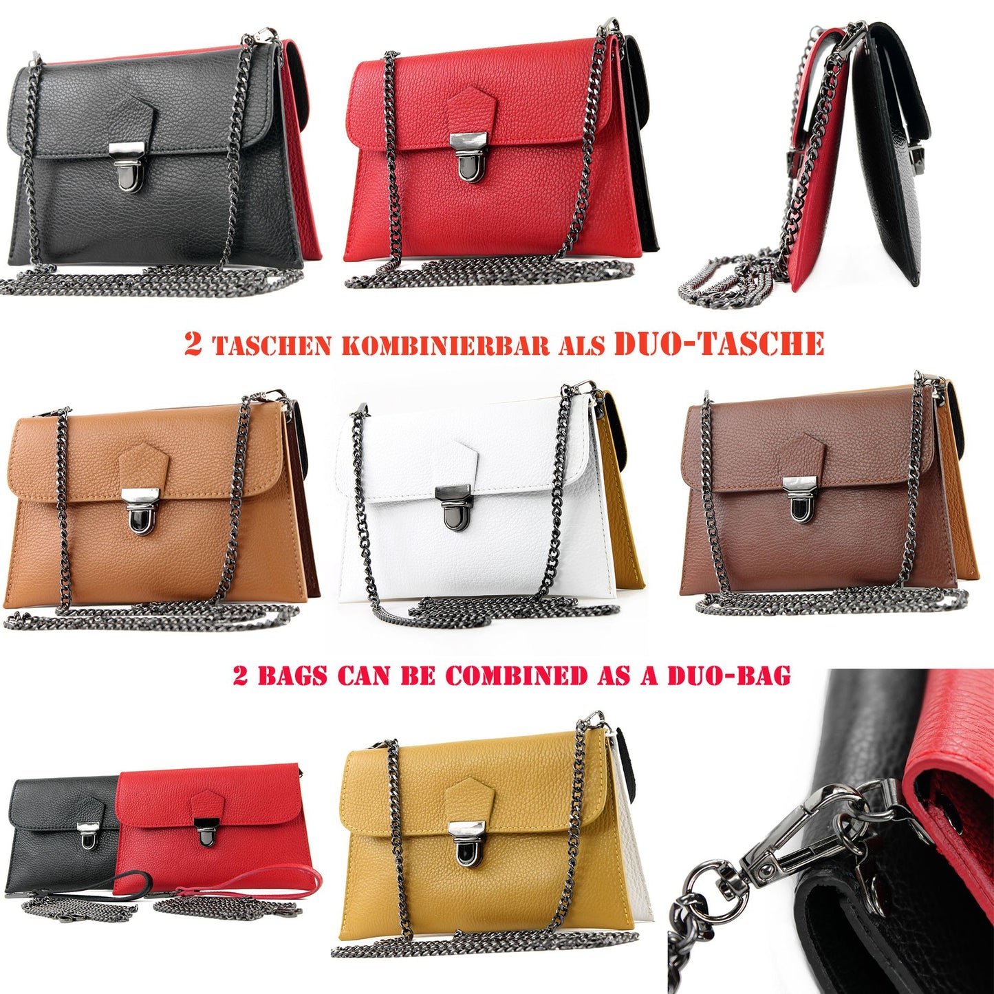 modamoda de T190 Damen Leder Clutch Handgelenktasche Schultertasche mit Kette handmade in Italy