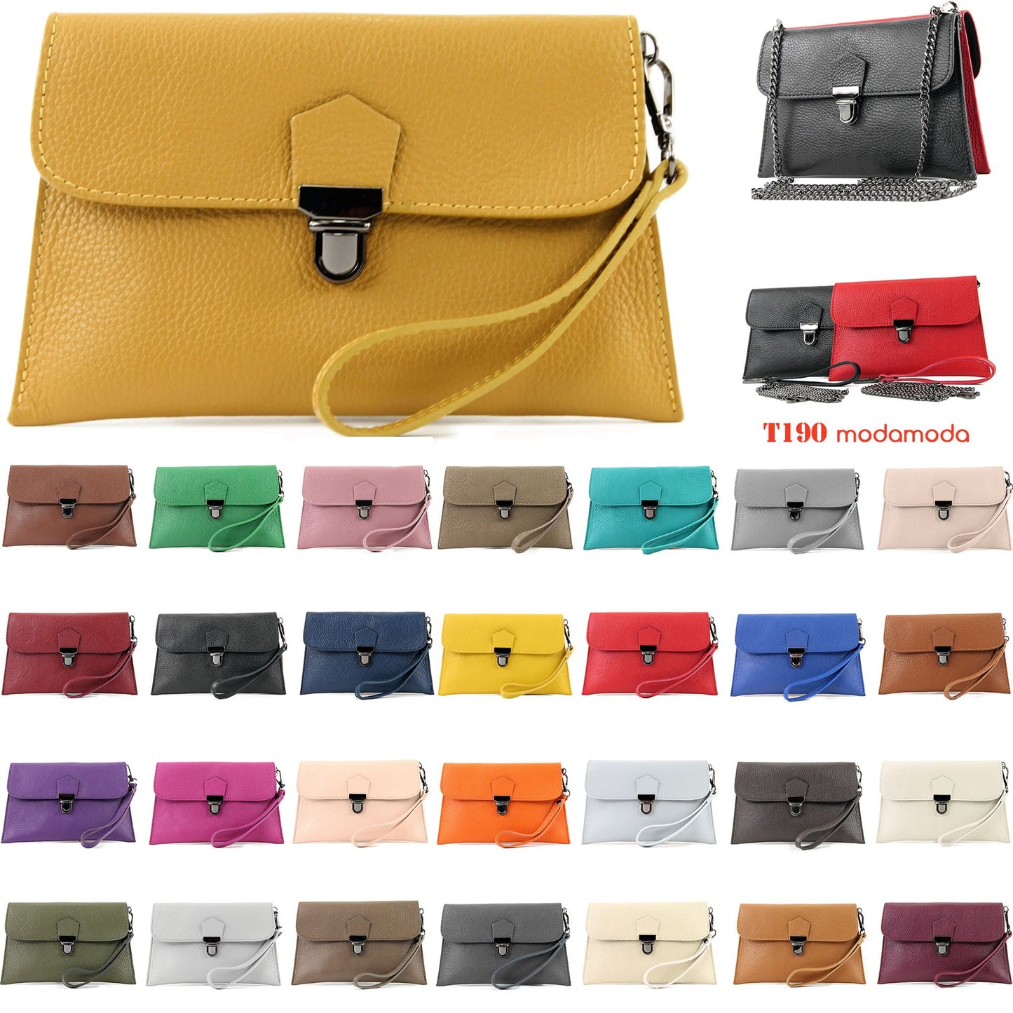 modamoda de T190 Damen Leder Clutch Handgelenktasche Schultertasche mit Kette handmade in Italy