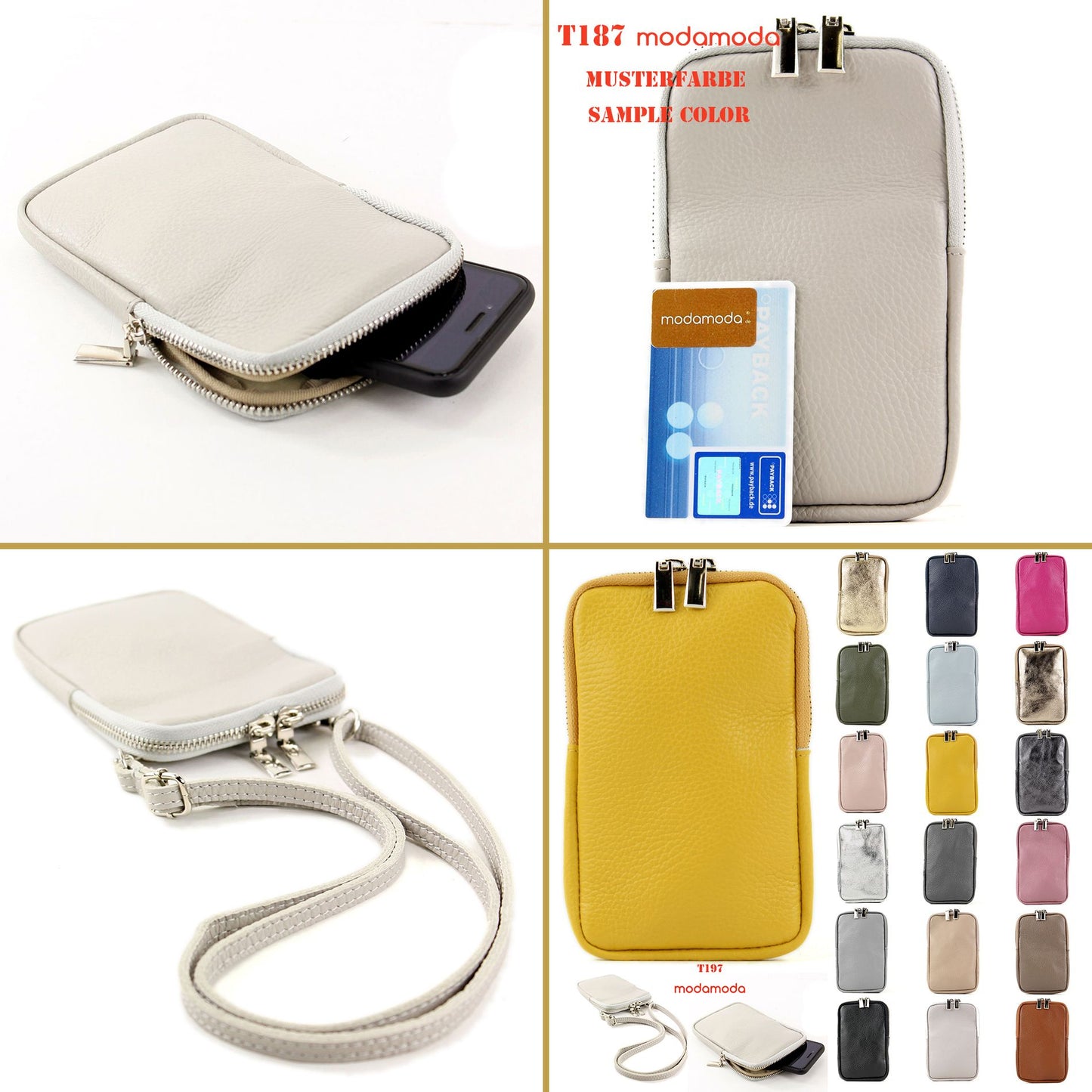 modamoda de - T197 - ital. Leder Umhängetasche Handytasche Klein
