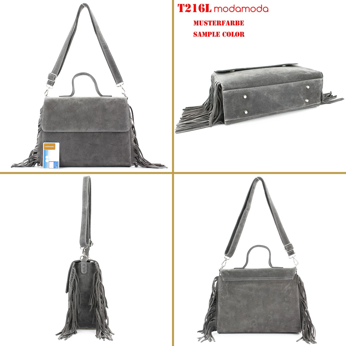modamoda de - T216 - ital. Umhängetasche Schultertasche aus Wildleder