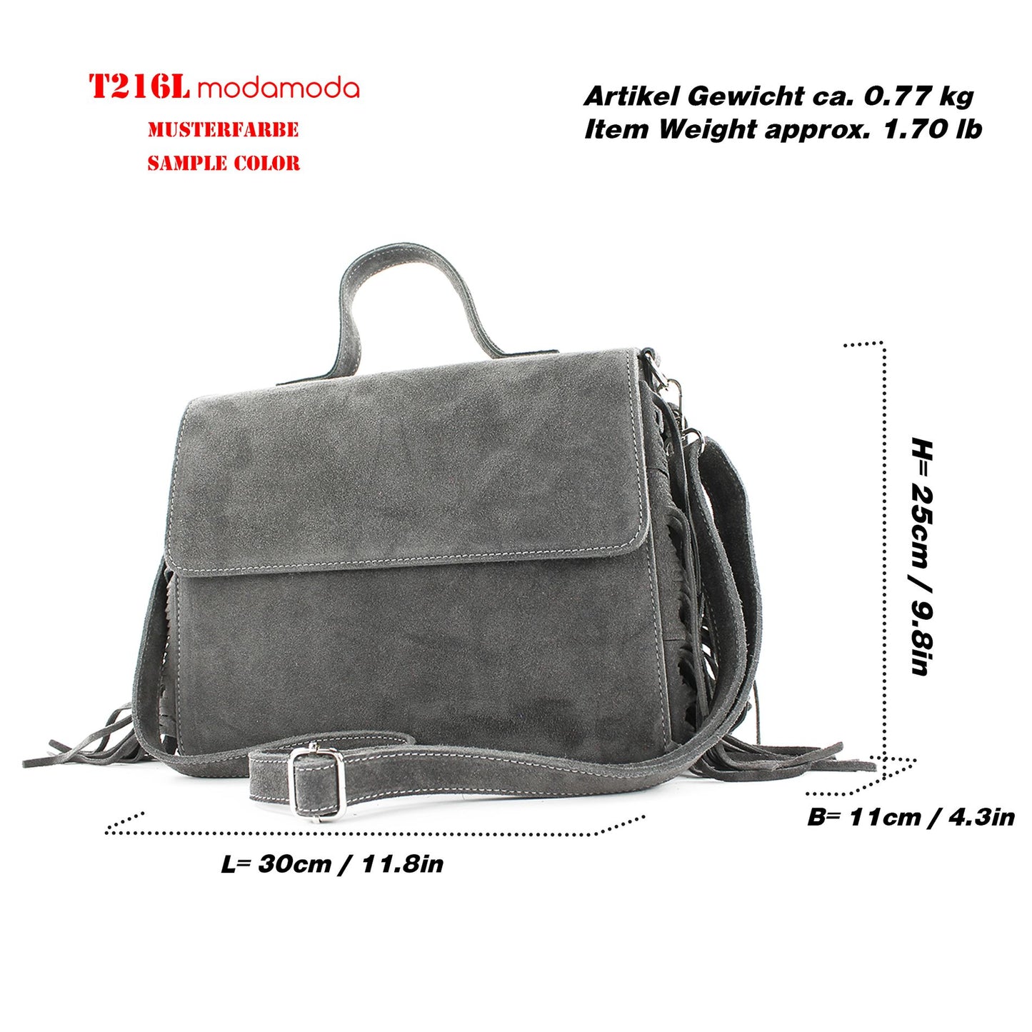 modamoda de - T216 - ital. Umhängetasche Schultertasche aus Wildleder