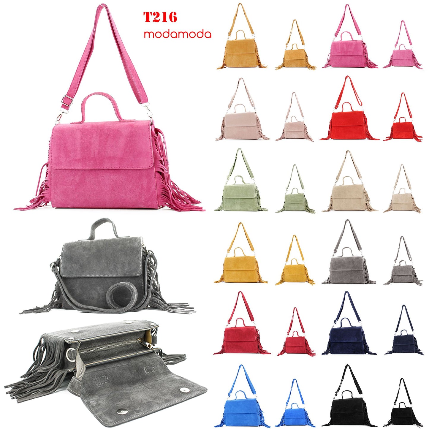 modamoda de - T216 - ital. Umhängetasche Schultertasche aus Wildleder