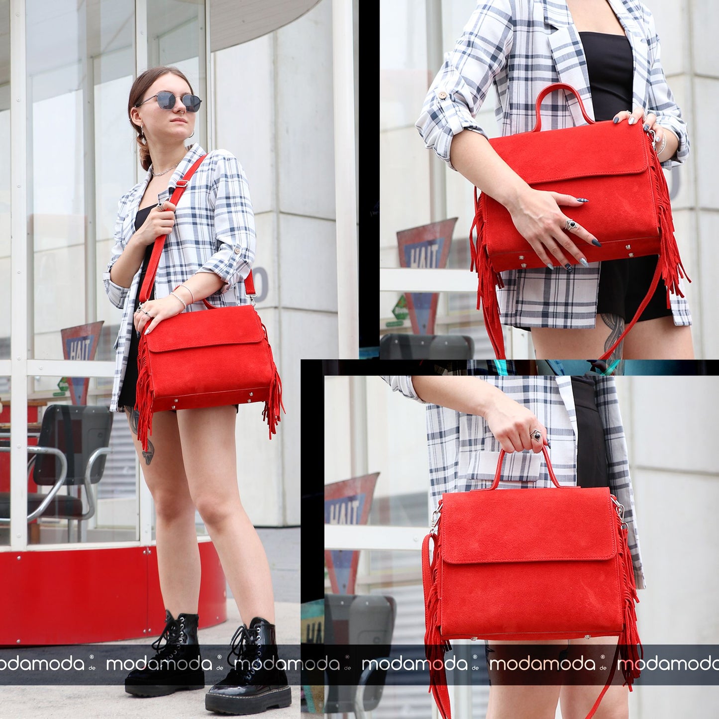 modamoda de - T216 - ital. Umhängetasche Schultertasche aus Wildleder