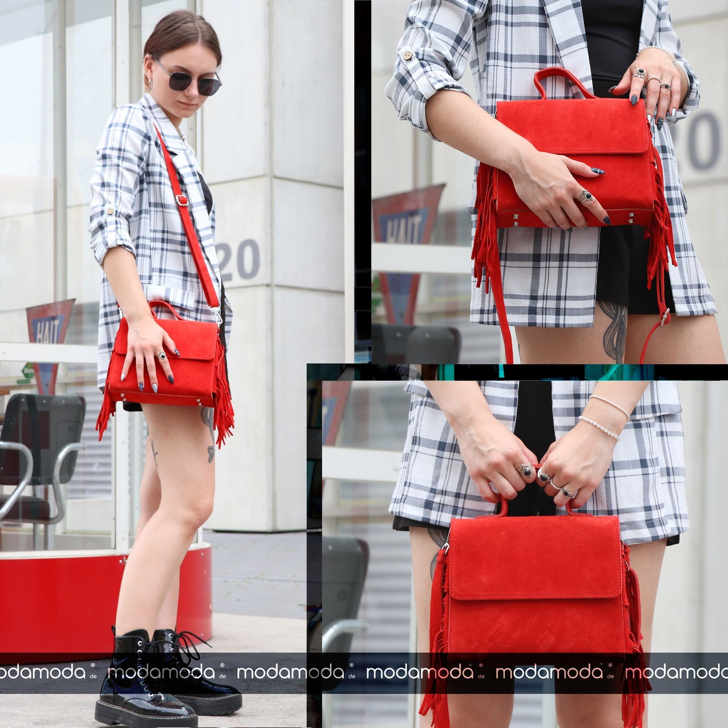 modamoda de - T216 - ital. Umhängetasche Schultertasche aus Wildleder