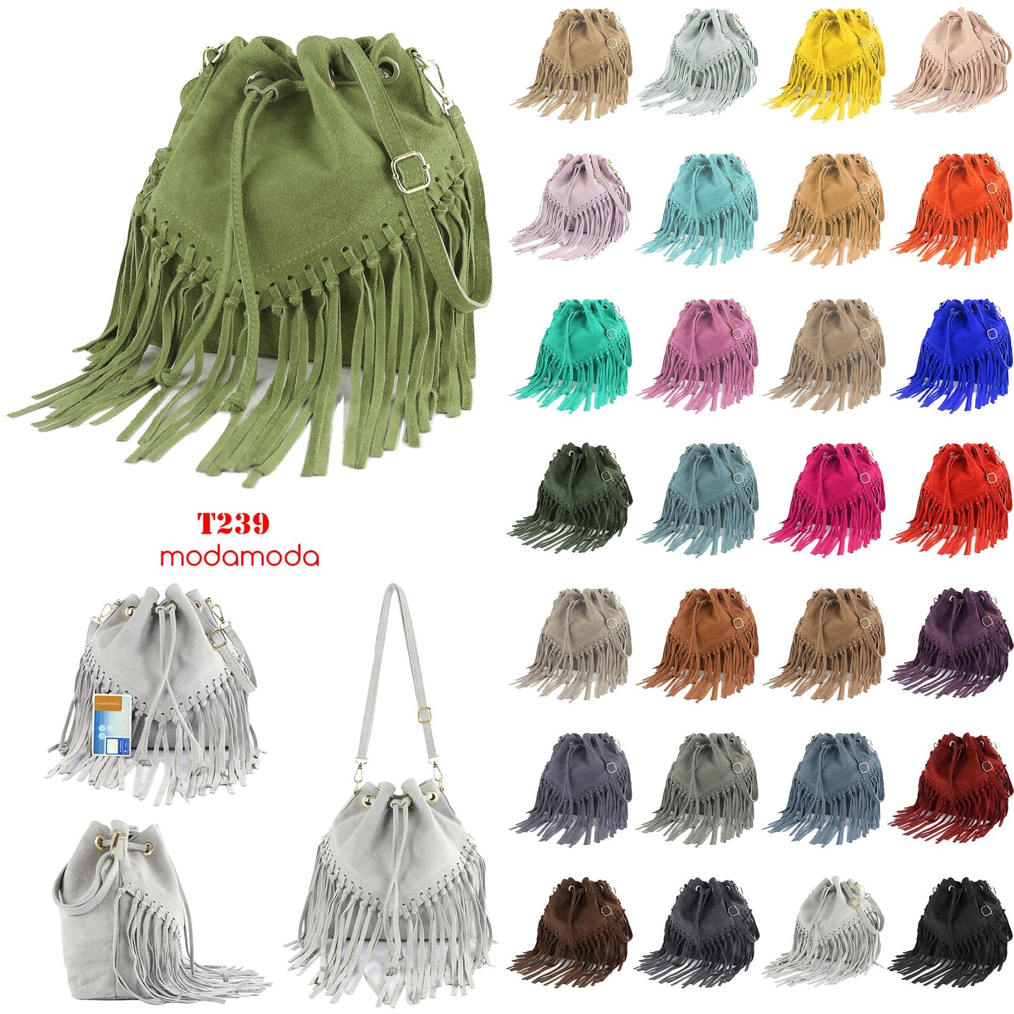 modamoda de -  T239 - ital. Schultertasche Fransen Wildleder