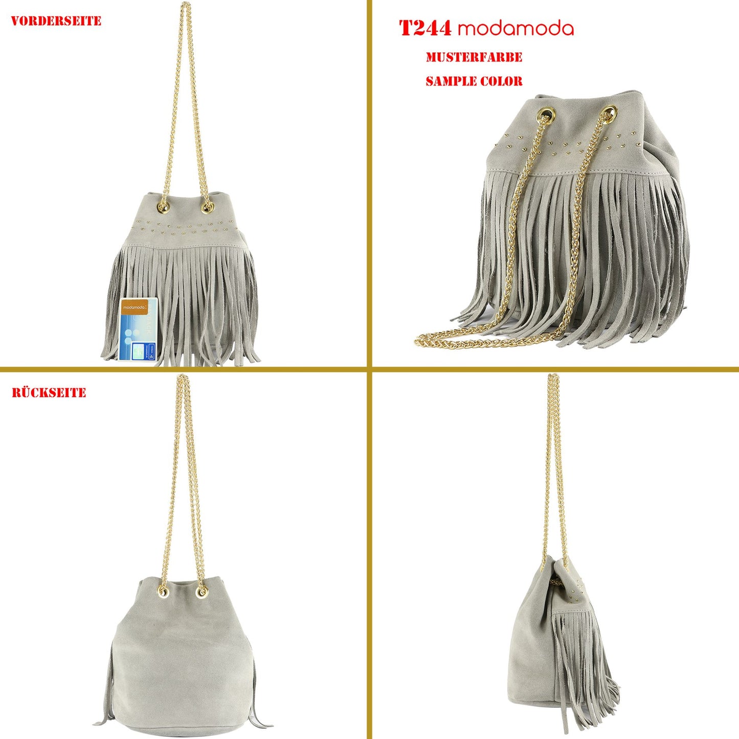 modamoda de T244 Damen Schultertasche Wildleder mit Fransen und Goldkette handmade in Italy