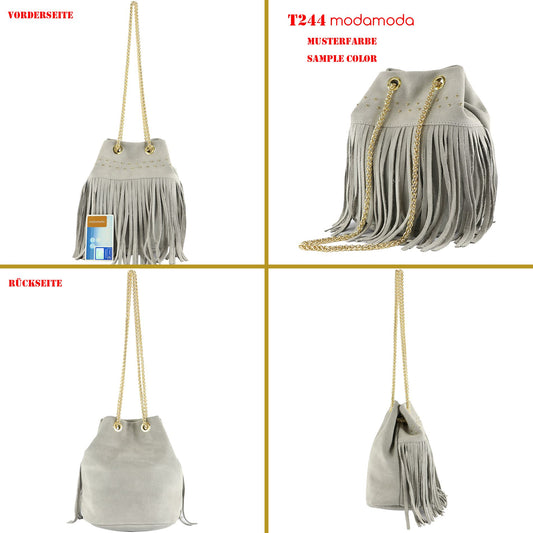 modamoda de T244 Damen Schultertasche Wildleder mit Fransen und Goldkette handmade in Italy