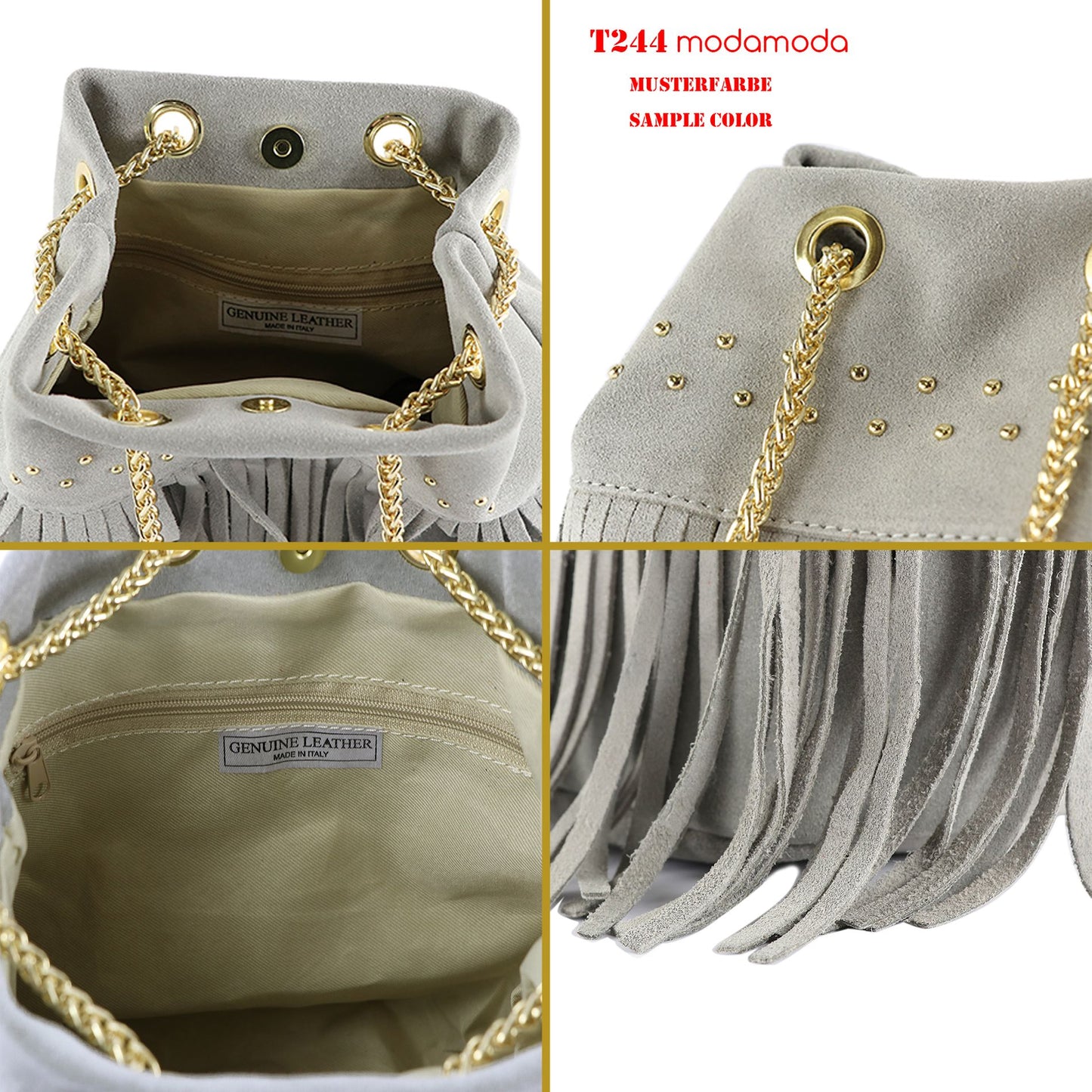 modamoda de T244 Damen Schultertasche Wildleder mit Fransen und Goldkette handmade in Italy