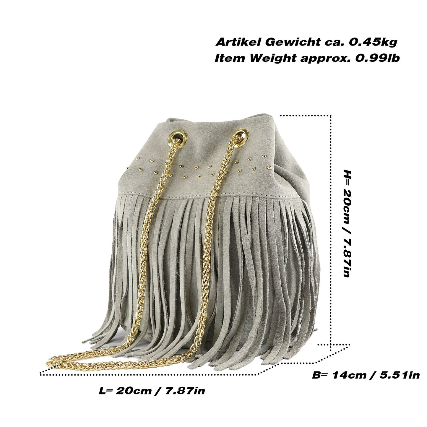 modamoda de T244 Damen Schultertasche Wildleder mit Fransen und Goldkette handmade in Italy