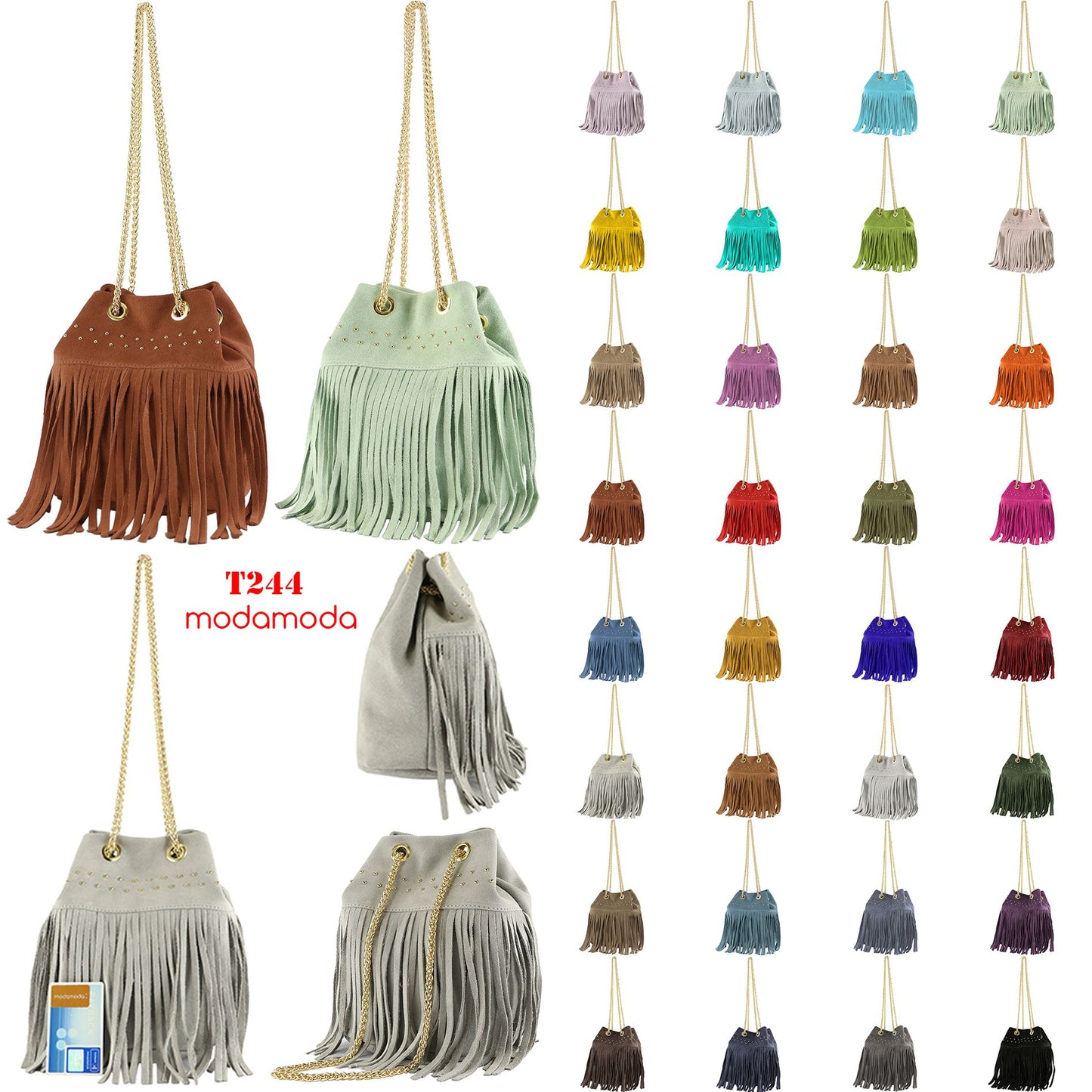 modamoda de T244 Damen Schultertasche Wildleder mit Fransen und Goldkette handmade in Italy