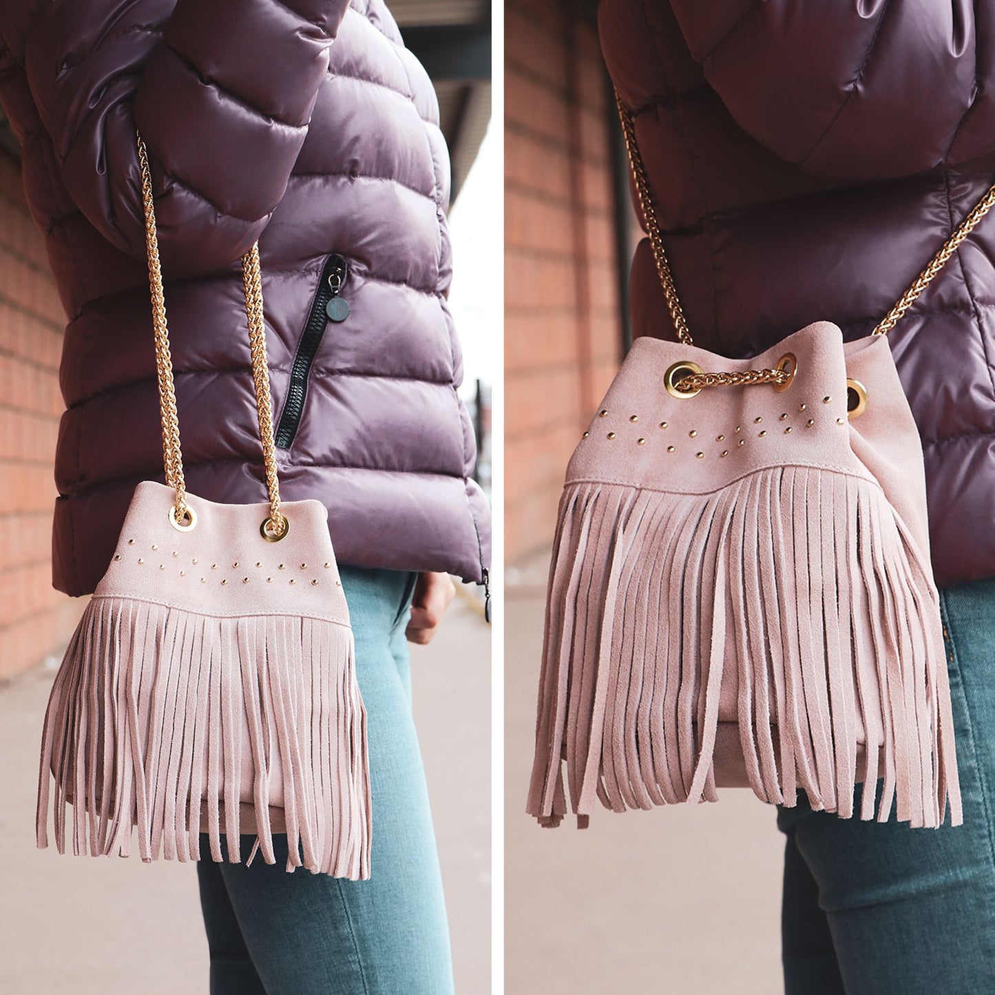 modamoda de T244 Damen Schultertasche Wildleder mit Fransen und Goldkette handmade in Italy