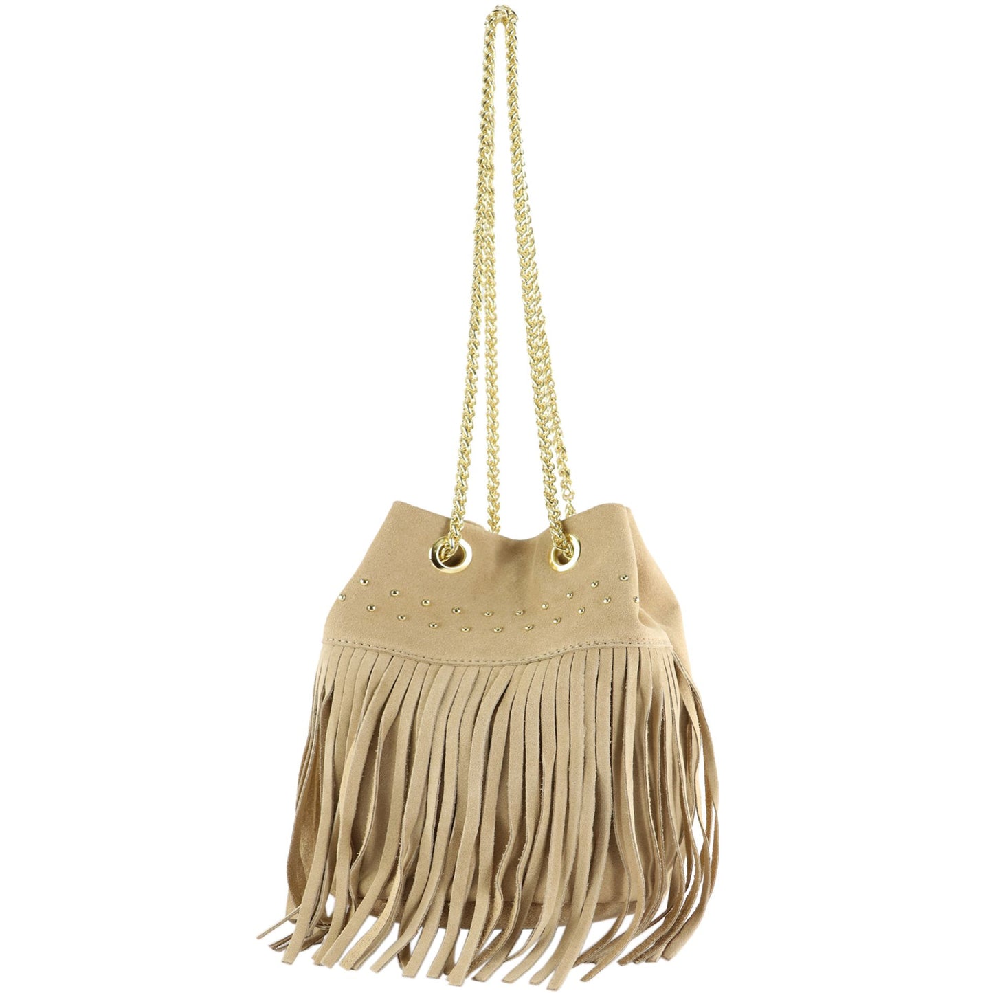 modamoda de T244 Damen Schultertasche Wildleder mit Fransen und Goldkette handmade in Italy