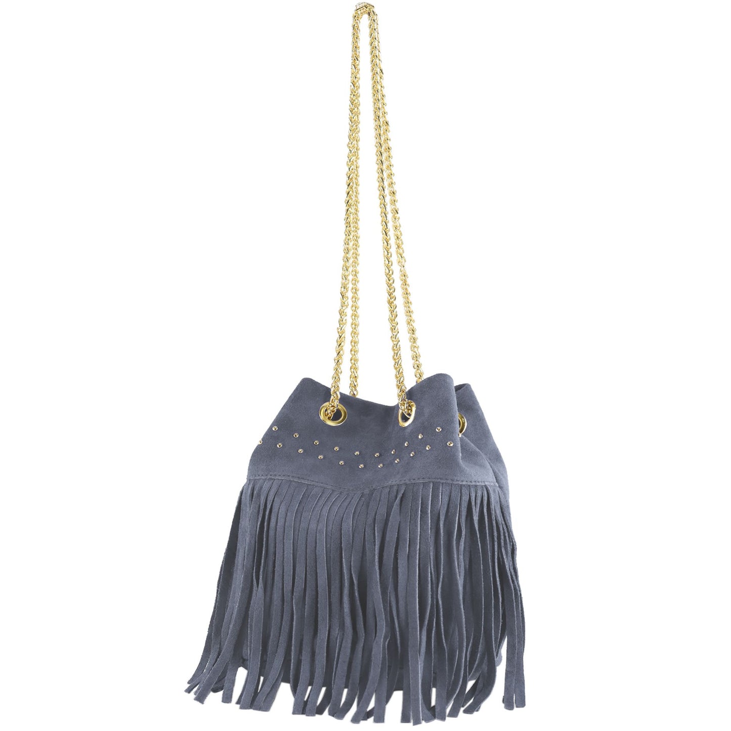 modamoda de T244 Damen Schultertasche Wildleder mit Fransen und Goldkette handmade in Italy