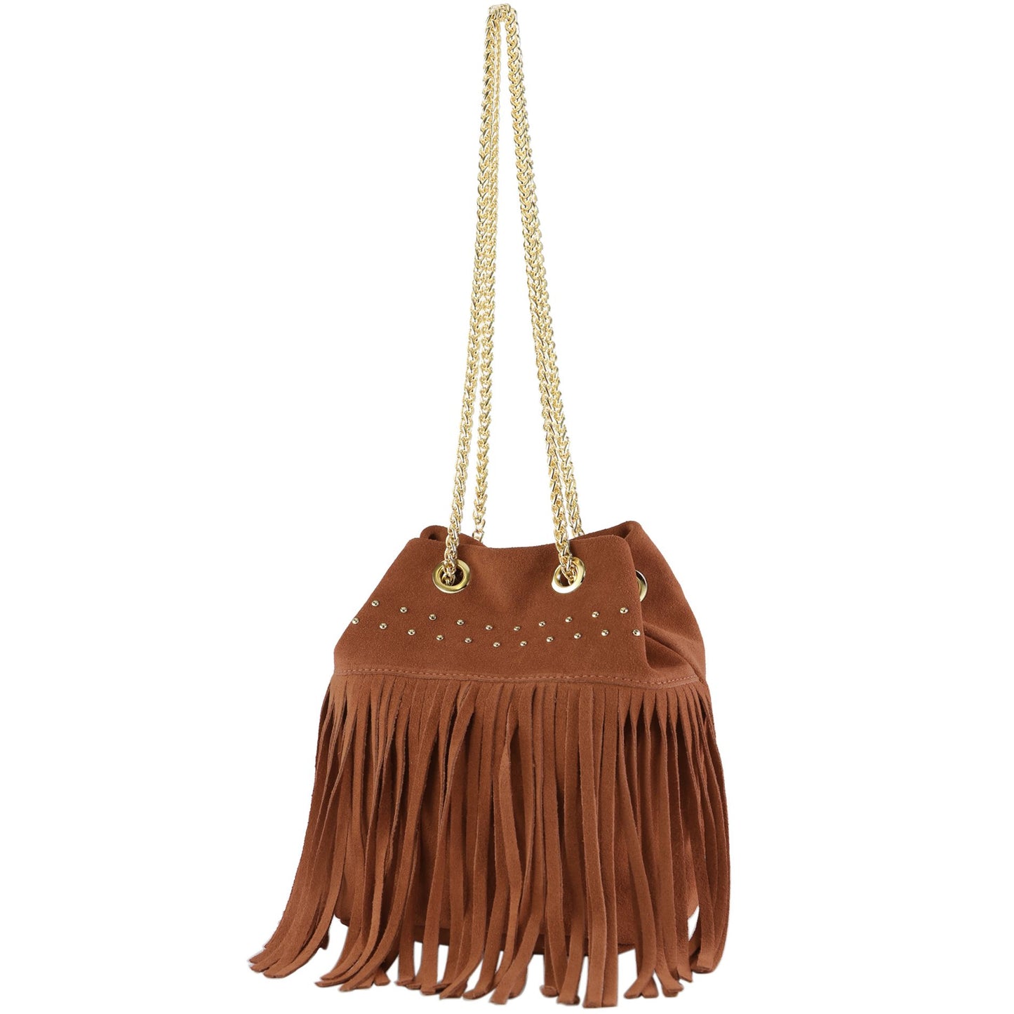 modamoda de T244 Damen Schultertasche Wildleder mit Fransen und Goldkette handmade in Italy