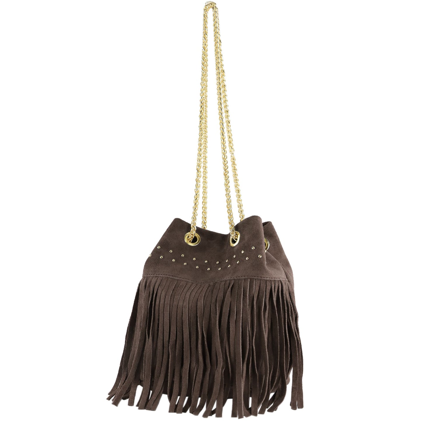 modamoda de T244 Damen Schultertasche Wildleder mit Fransen und Goldkette handmade in Italy