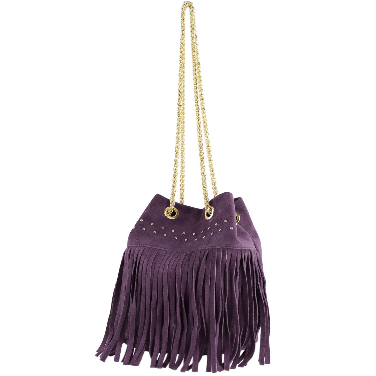 modamoda de T244 Damen Schultertasche Wildleder mit Fransen und Goldkette handmade in Italy