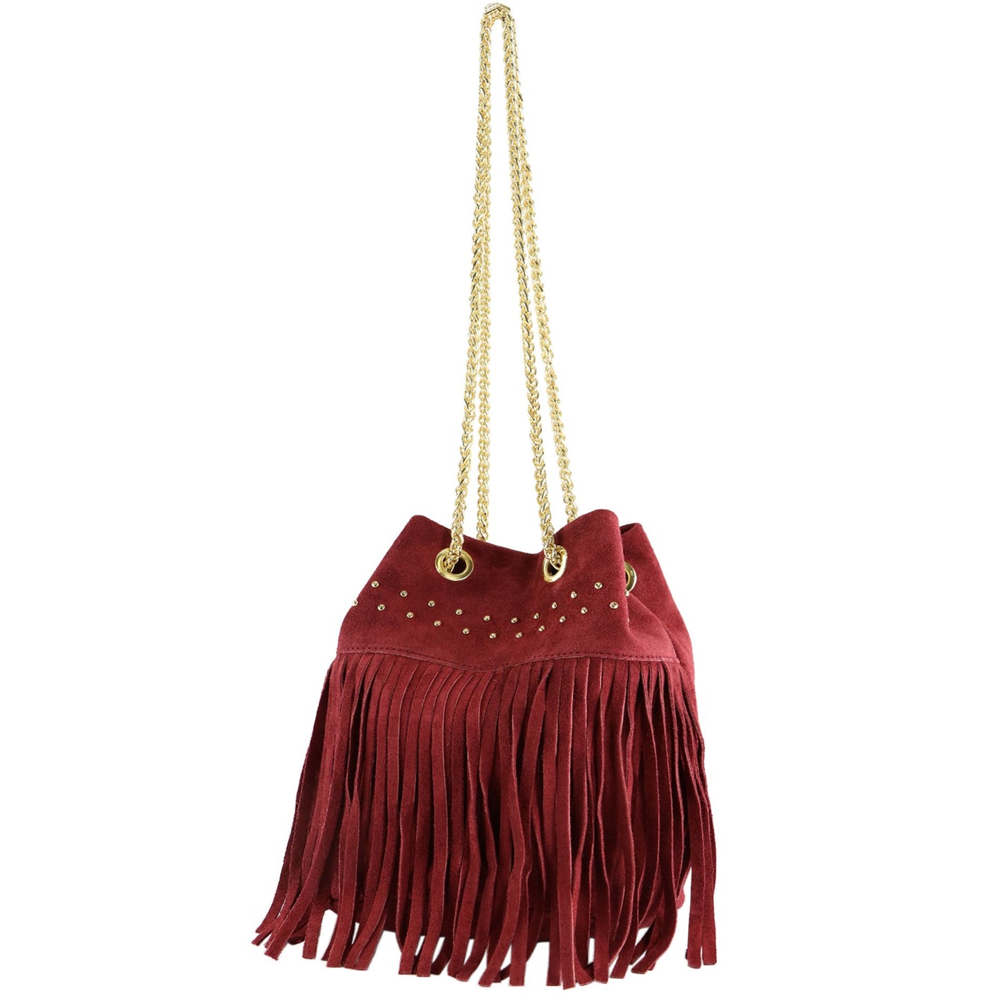 modamoda de T244 Damen Schultertasche Wildleder mit Fransen und Goldkette handmade in Italy