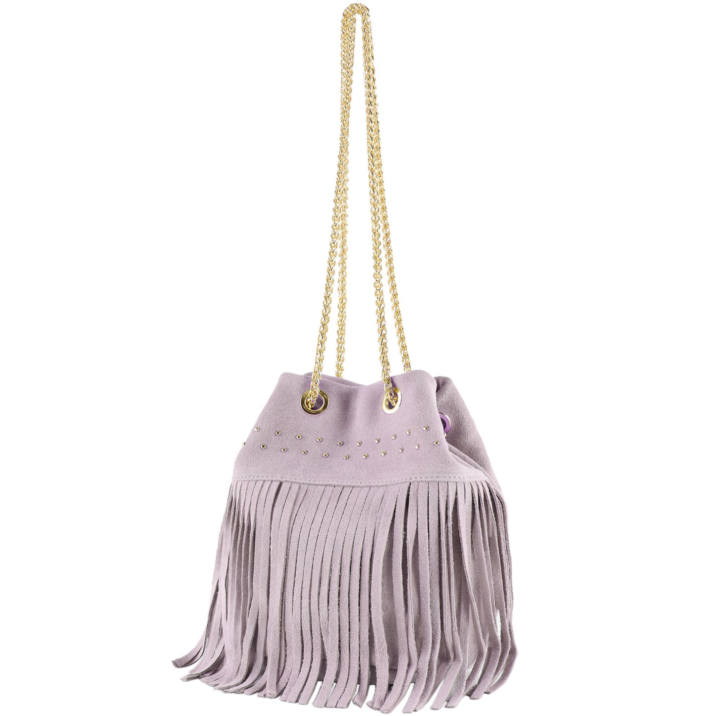 modamoda de T244 Damen Schultertasche Wildleder mit Fransen und Goldkette handmade in Italy