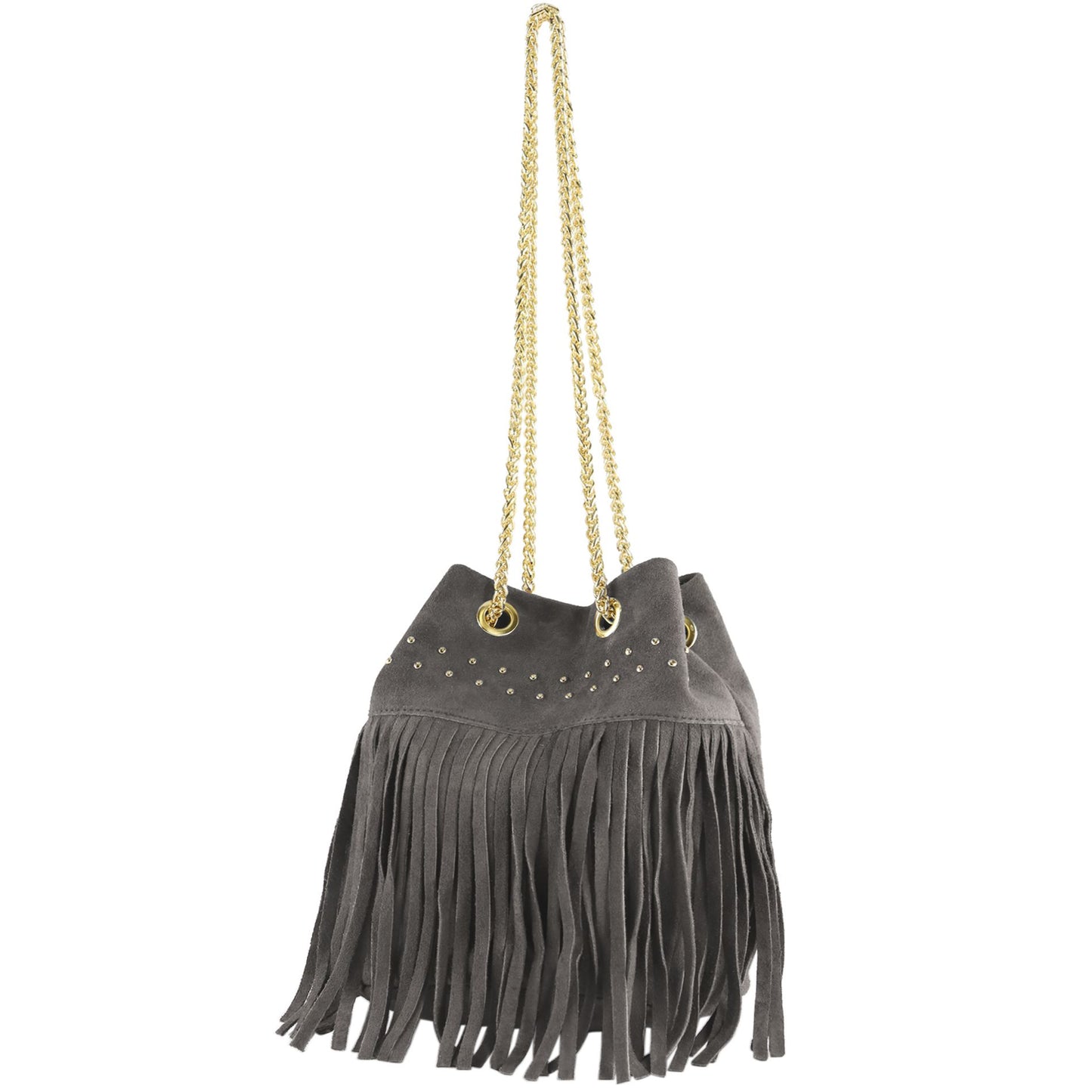 modamoda de T244 Damen Schultertasche Wildleder mit Fransen und Goldkette handmade in Italy