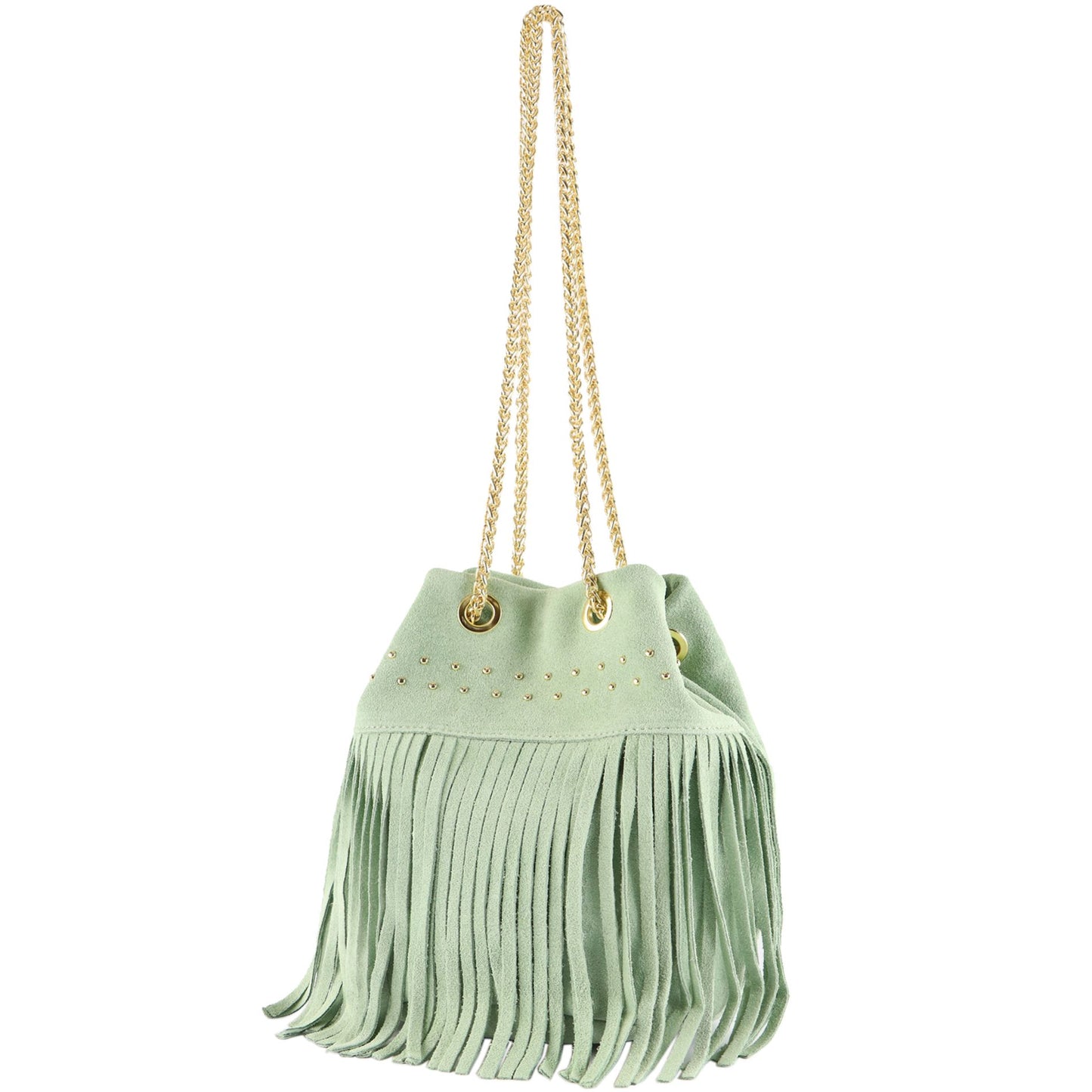 modamoda de T244 Damen Schultertasche Wildleder mit Fransen und Goldkette handmade in Italy