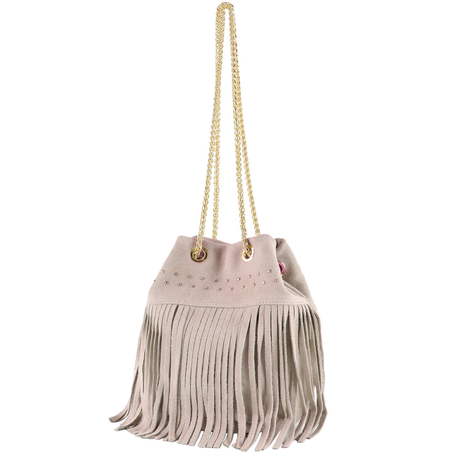 modamoda de T244 Damen Schultertasche Wildleder mit Fransen und Goldkette handmade in Italy