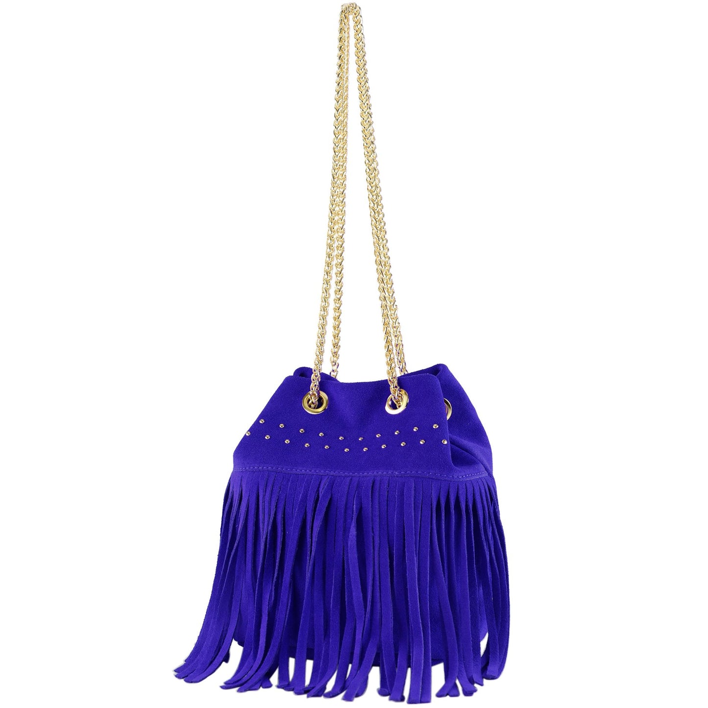 modamoda de T244 Damen Schultertasche Wildleder mit Fransen und Goldkette handmade in Italy