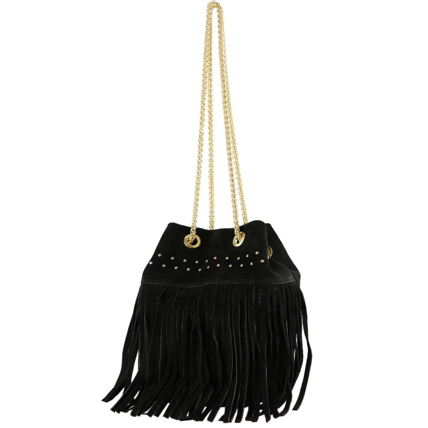 modamoda de T244 Damen Schultertasche Wildleder mit Fransen und Goldkette handmade in Italy