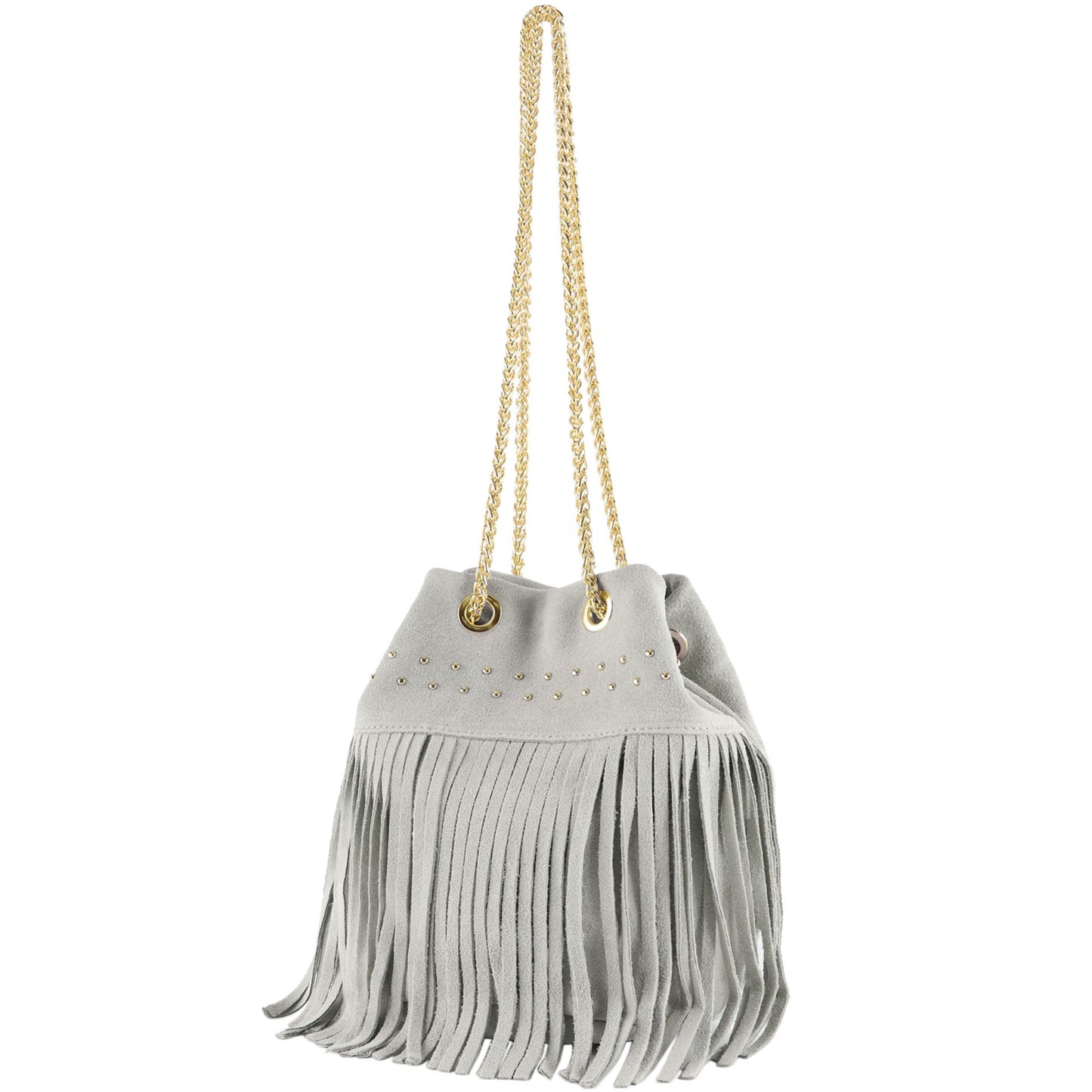 modamoda de T244 Damen Schultertasche Wildleder mit Fransen und Goldkette handmade in Italy