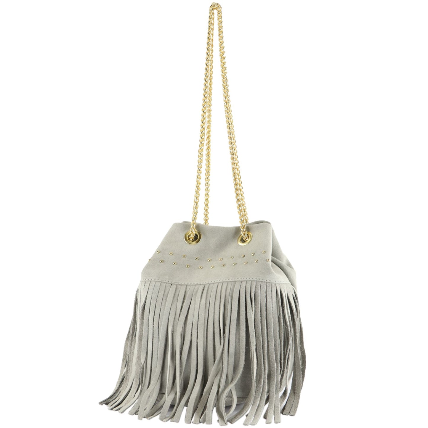 modamoda de T244 Damen Schultertasche Wildleder mit Fransen und Goldkette handmade in Italy