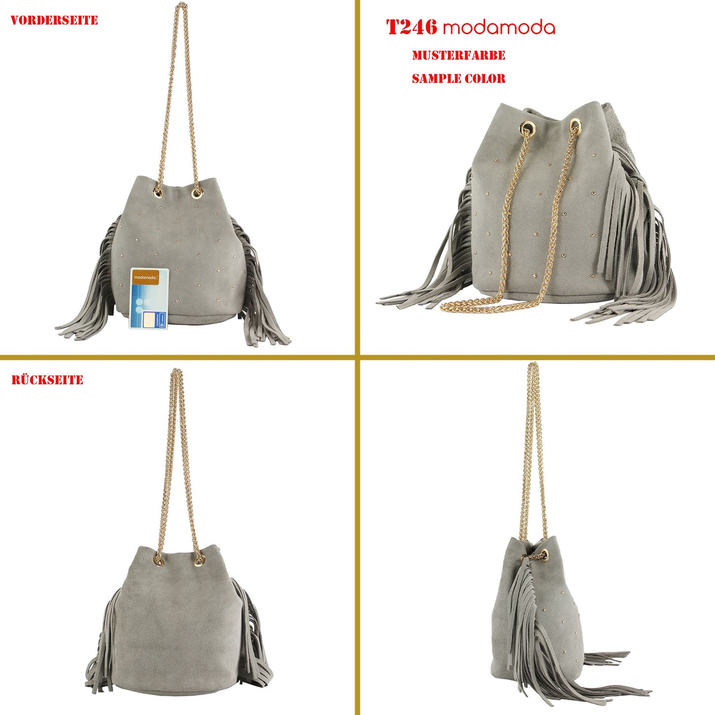 modamoda de T246 Damen Schultertasche Wildleder mit Fransen und Goldkette handmade in Italy