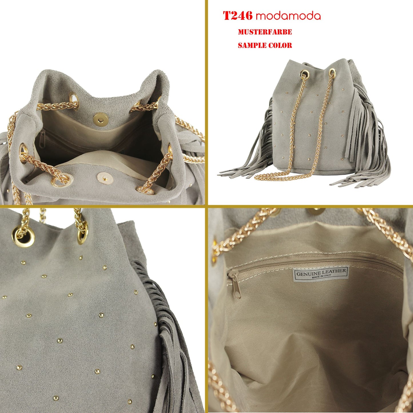 modamoda de T246 Damen Schultertasche Wildleder mit Fransen und Goldkette handmade in Italy
