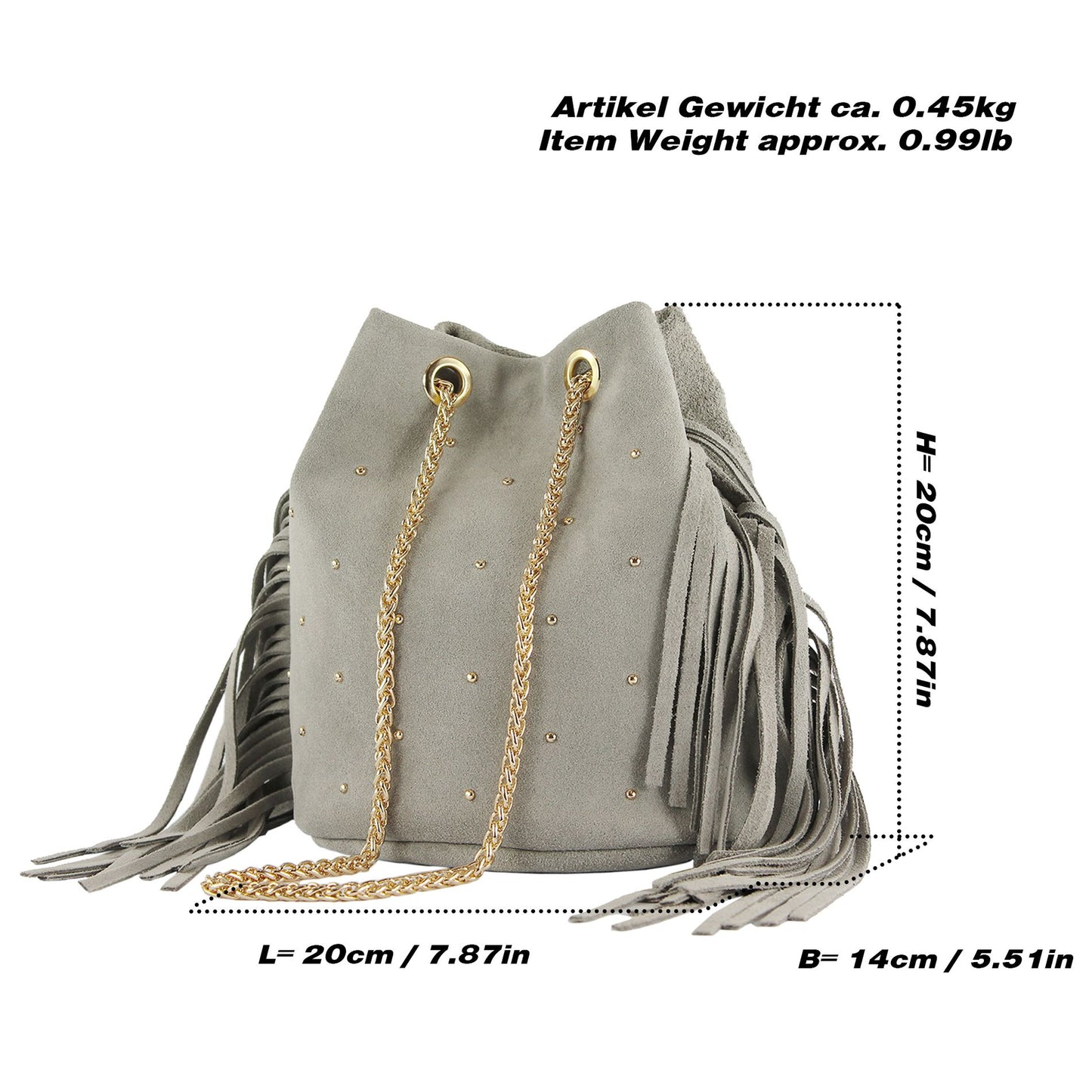 modamoda de T246 Damen Schultertasche Wildleder mit Fransen und Goldkette handmade in Italy