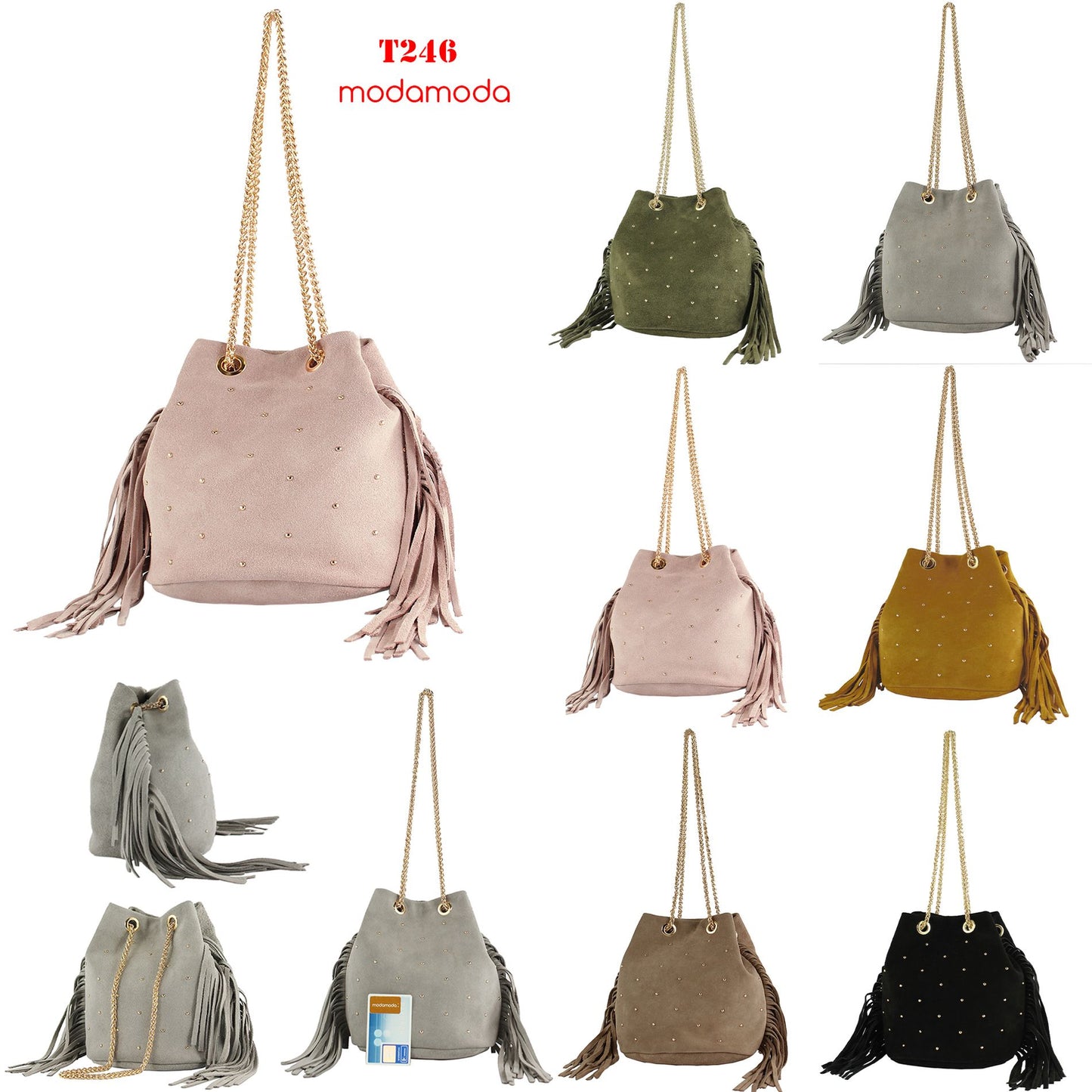 modamoda de T246 Damen Schultertasche Wildleder mit Fransen und Goldkette handmade in Italy