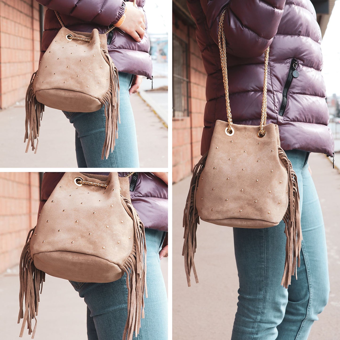 modamoda de T246 Damen Schultertasche Wildleder mit Fransen und Goldkette handmade in Italy