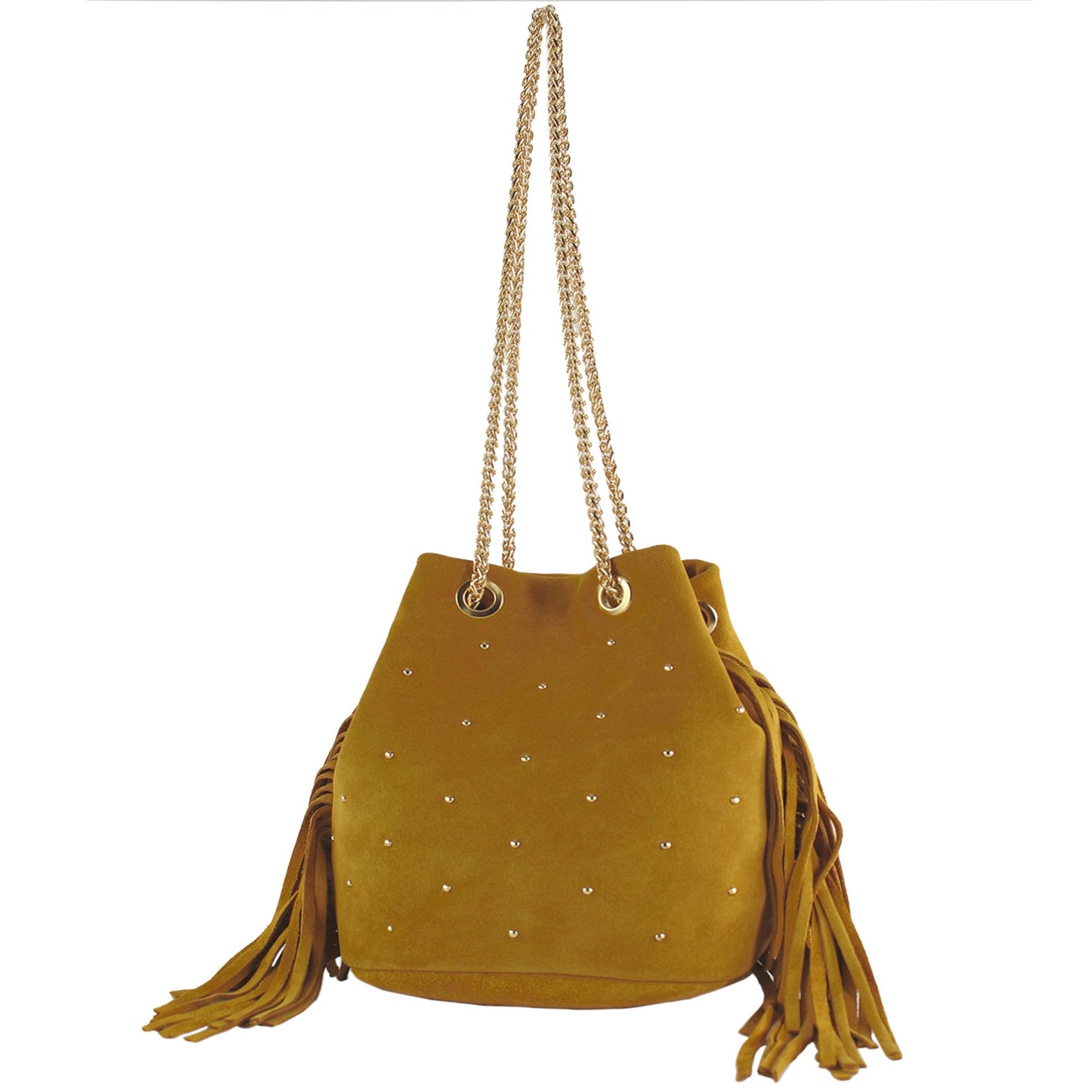 modamoda de T246 Damen Schultertasche Wildleder mit Fransen und Goldkette handmade in Italy