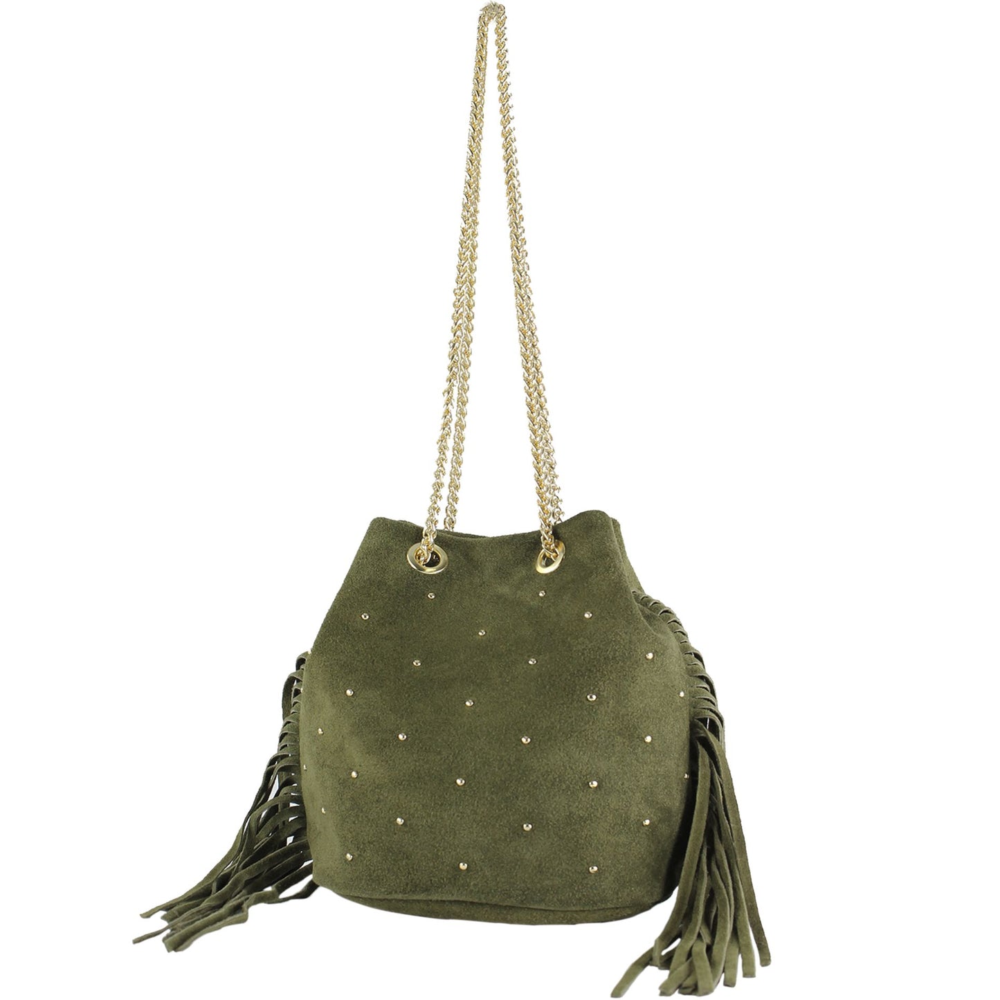 modamoda de T246 Damen Schultertasche Wildleder mit Fransen und Goldkette handmade in Italy