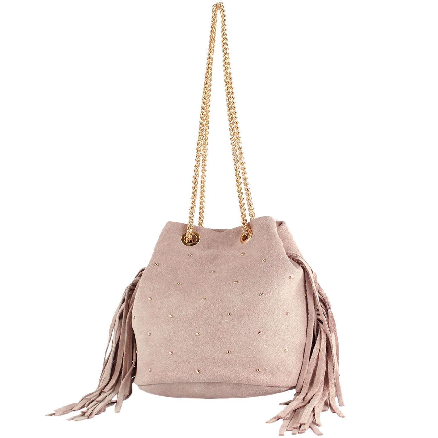 modamoda de T246 Damen Schultertasche Wildleder mit Fransen und Goldkette handmade in Italy