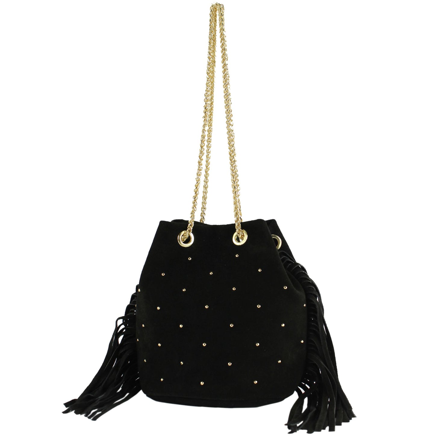 modamoda de T246 Damen Schultertasche Wildleder mit Fransen und Goldkette handmade in Italy