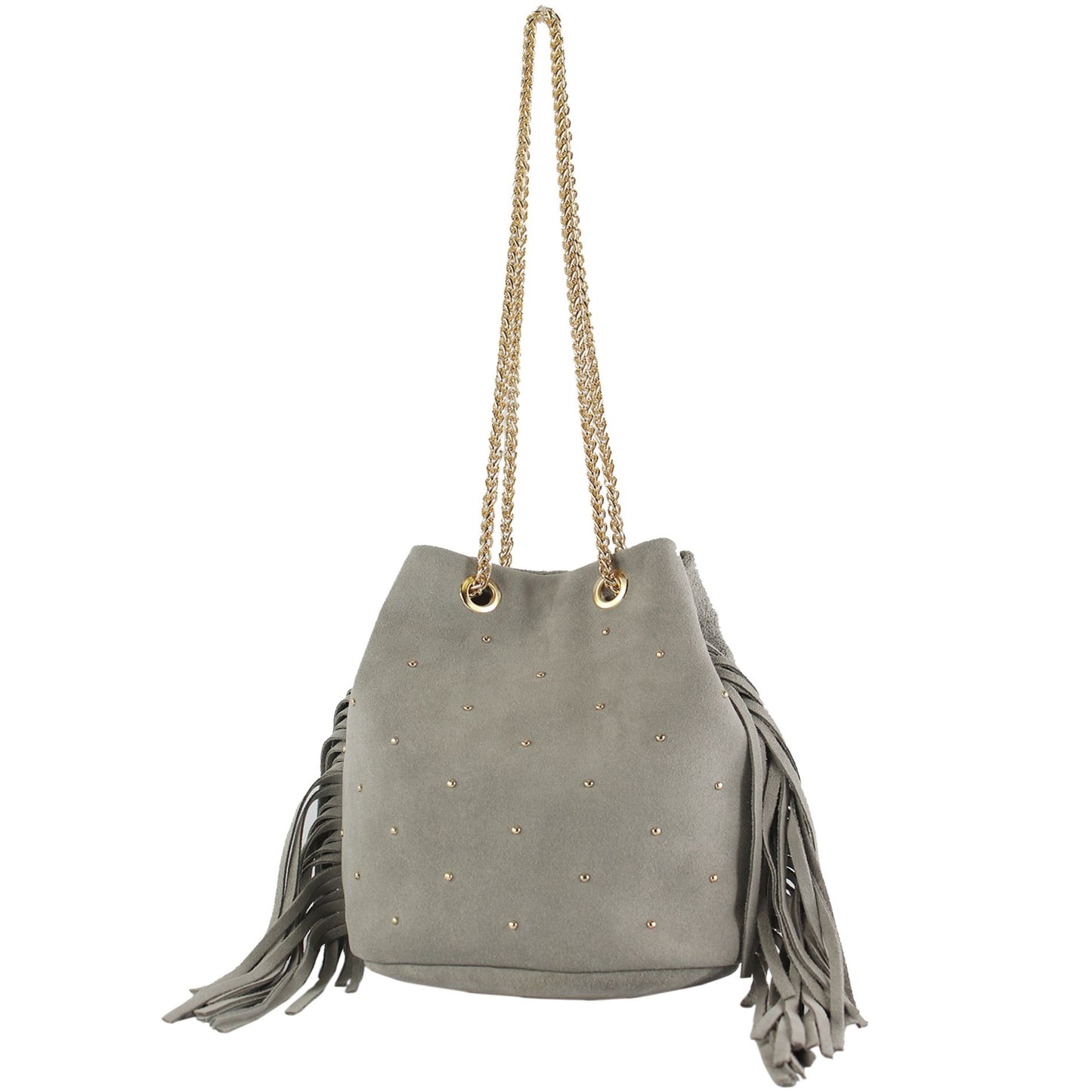 modamoda de T246 Damen Schultertasche Wildleder mit Fransen und Goldkette handmade in Italy