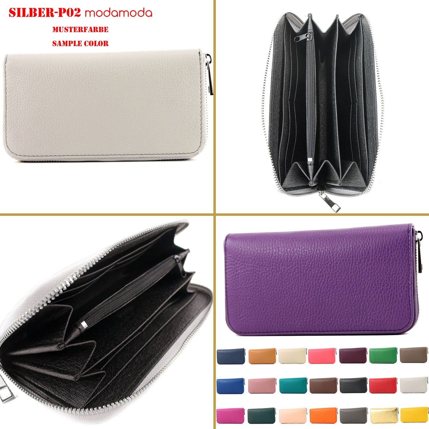 modamoda de SILBER-P02 Damen Leder Geldbörse Portemonnaie lang Handmade in Italy